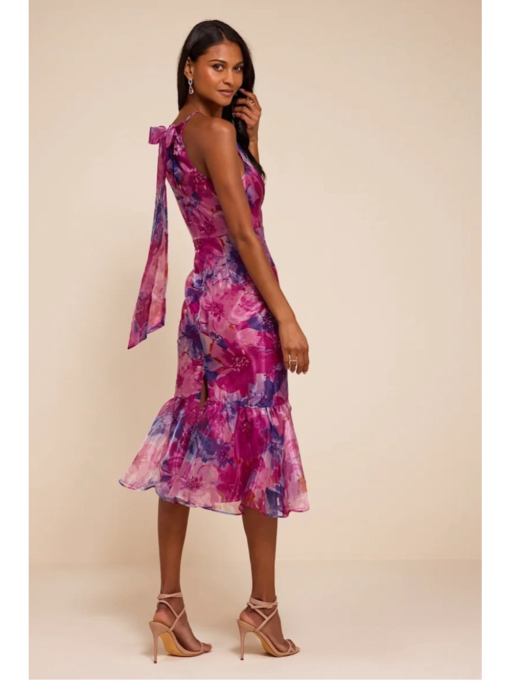 Lulus Admirable Essence Magenta Floral Organza Trumpet Midi Dress Medium NWT